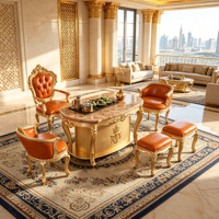Ensemble de table à thé en marbre de luxe européen, chaises et tabourets en bois massif sculpté et doré, revêtement en cuir PU, meubles de salon, vente en gros