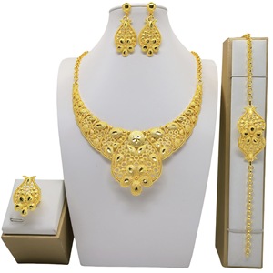 Gold Plated Flower Jewelry <b>Set</b> Necklace Earrings <b>Ring</b> Bracelet <b>Women</b> Ethnic Party Fashion 22k Alloy Guangzhou Made 2024 - Product Image 4