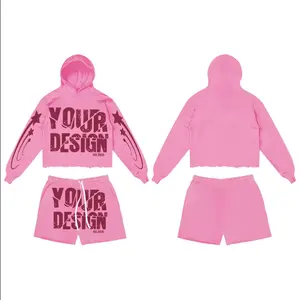 Conjunto de shorts com logotipo personalizado, roupas de 2 peças para mulheres, moletom com capuz e calças, roupa casual de lã, 2024