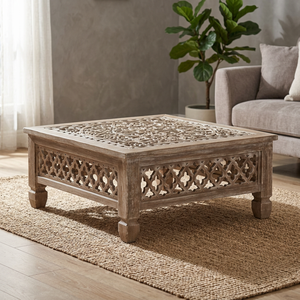Table carrée bohème en bois de manguier artisanale, écologique, durable et légère, Aqdus Saleem |   Pouf sculpté en gros pour l'aménagement intérieur - Product Image 3