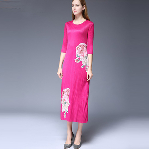 Druck Chiffon Maxi Kleid Langarm Fuchsia Kleid Polyester Material Plissee abendkleider - Product Image 2