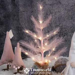 شجرة عيد الميلاد المرنة بمصابيح LED من عشب السهوب مقاس 18 بوصة شجرة عيد الميلاد الصغيرة المصنوعة يدويًا مع حامل طاولة للزينة بإضاءة