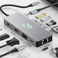 VCOM USB Hub 11-in-1 Multiport untuk 2.1 DP 4K RJ45 Ethernet 1000Mbps AUX Pembaca Kartu TF/SD USB3.0 5Gbps Paduan Aluminium