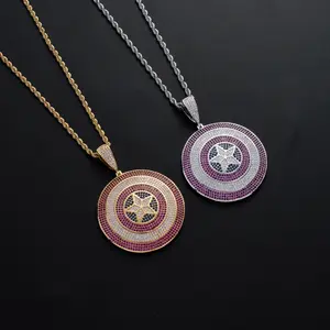 Ожерелье с подвеской в стиле хип-хоп из латуни с настоящим золотым покрытием и цирконием, ожерелье с круглым покрытием Капитана Америка