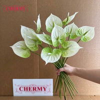 Fleur artificielle Anthurium vert et blanc en PU à toucher réel DC338, tige unique, faux Anthurium pour décoration florale de table de mariage tropical