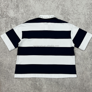 เสื้อยืดโอเวอร์ไซส์ทรงบ็อกซี่สไตล์เรโทรรักบี้ ผู้ผลิตเสื้อยืดครอป ผ้าคอตตอนหนา 100% เสื้อโปโลลายทางติดกระดุม - Product Image 3