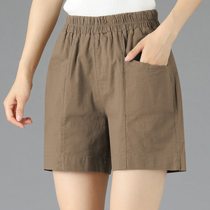 Women's Casual Shorts Khaki Cotton Oxford Elastic Waist Loose Fit Summer Wear - Product Image 1