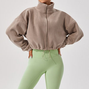 Women's <strong>Cropped</strong> Zip Hoodie Fleece Thickness Sportswear Solid Winter <strong>Sweaters</strong> Drawstring Coat Yoga <strong>Top</strong> - Product Image 4