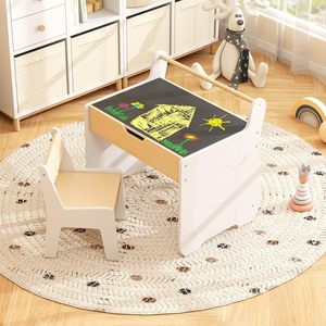 Ensemble de <span class=keywords><strong>table</strong></span> et de chaises pour enfants <span class=keywords><strong>Table</strong></span> <span class=keywords><strong>multi</strong></span>-<span class=keywords><strong>activités</strong></span> en bois avec tableau noir Tableau blanc Porte-rouleau de papier pour l'art - Product Image 1
