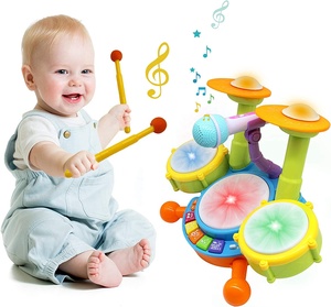 Juego de batería eléctrica de juguete de dibujos animados con 2 baquetas y micrófono Instrumento musical <span class=keywords><strong>para</strong></span> niños pequeños Ritmo temprano y juego de sonido - Product Image 4