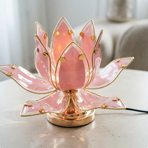 Lotus Flower Table <b>Lamp</b> Pink Glass Shade Metal Base E26 LED Soft <b>Warm</b> Light Modern Decorative Bedroom Lighting - Product Image 1