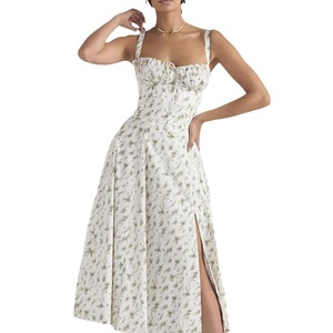 Falda acampanada hasta <span class=keywords><strong>el</strong></span> suelo informal elegante estilo francés para <span class=keywords><strong>mujer</strong></span> europea <span class=keywords><strong>americana</strong></span> Vestido con tirantes divididos 100% poliéster gasa Natural - Product Image 5
