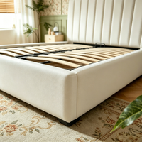 Nouvelle Arrivée 2026 Lit de Luxe avec Cadre en Acier et Tissu Lin, Style Ferme Moderne, Lit avec Rangement Hydraulique pour Chambre à Coucher