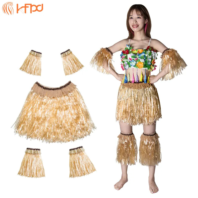 Hawaiian Luau skirts Women's Hawaiian Luau Elastic straw grass Hula Skirt 5pcs set for beach party