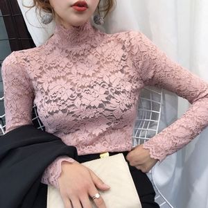 レディースカジュアルスタイルファッションスリムホロー薄手トップスTシャツ卸売レースメッシュスタンドハイカラーボトムスブラウスセクシーブラウス - Product Image 5