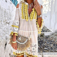 Robe à Manches Longues avec Frange en Dentelle pour Femme, Robes d'Été Décontractées, Boho, Sexy, Col V Profond