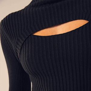 Robe mini décontractée en coton tricoté pour femme avec col roulé à manches longues, décoration ajourée au crochet, matière élasthanne, style mignon - Product Image 2