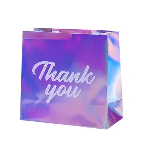 Petit sac en papier holographique avec logo de remerciement personnalisé, emballage cadeau en carton brillant, accessoire pour les magasins, sacs spéciaux, pour les boutique
