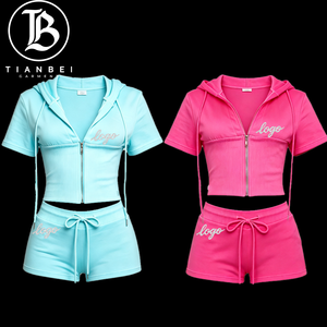 Y2K Velour <strong>Tracksuit</strong> for <strong>Women</strong> Custom LOGO Two Piece <strong>Velvet</strong> Set Zip up Hoodie Crop Jacket and Biker Shorts Velour Sweatsuits Set - Product Image 1