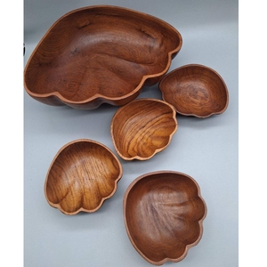 Hand Carved Acacia Wood Flower Shaped <b>Salad</b> Bowl Set with <b>Servers</b> and Individual Bowls - Natural <b>Wooden</b> Fruit Serving Tableware - Product Image 3