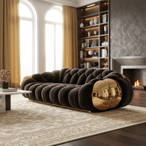 Divano Italiano di Lusso, Design Moderno, Forma Rotonda con Accenti Dorati, Seduta Trapuntata, Arredamento di Design per Casa, Appartamento, Villa, Hotel - Product Image 1