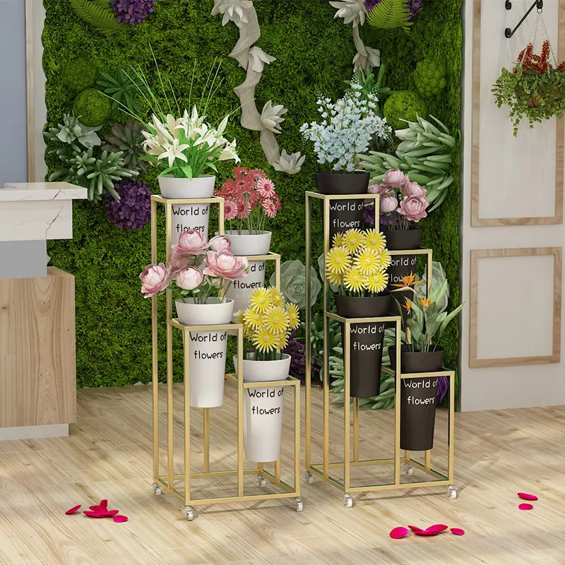 2024 nuovo Florist Flower Stand a gradini multistrato fior Wake Flower espositore in ferro battuto con secchio universale per ruote