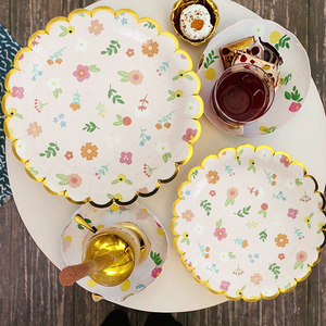 Vàng Bóng Lá Hoa Thiết Kế Thực Phẩm Cấp Dùng Một Lần Bộ Đồ Ăn Cho Bữa Tiệc Trà Thanh Lịch Giấy Tấm Cho Buổi Chiều Tiết - Product Image 4