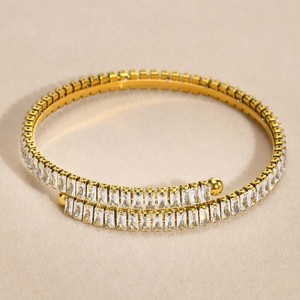 18K Gold Plated Stainless Steel Openable Square White Cubic Zircon Cuff <b>Bangle</b> Trendy Waterproof Fashion Jewelry For Women - Product Image 2