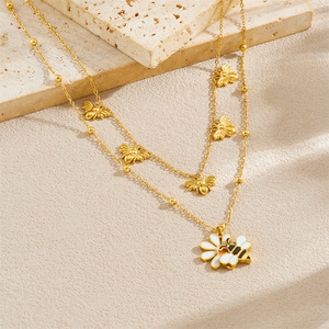Daisy Bee Pendant Stainless Steel Double Layer Clavicle Necklace Flower Insect Design Gift Jewelry - Product Image 2