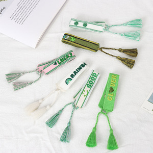 Custom logo Green Good Luck Four-leaf Clover Hand-made Adjustable Embroidered Bracelet Designer Tassel Bracelet Wristband