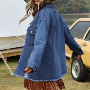 ผู้ผลิตเสื้อผ้า แจ็คเก็ตยีนส์คุณภาพสูง สไตล์คาวบอย แจ็คเก็ตวินเทจ ล้างสีแบบแอซิด แต่งพู่ห้อย แจ็คเก็ตเดนิมสำหรับผู้หญิง - Product Image 2