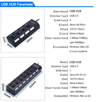 Répartiteur de concentrateur USB 2.0 à 7 ports avec interrupteur marche/arrêt Multi USB Hab haute vitesse pour accessoires informatiques PC