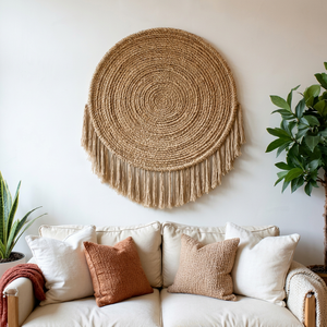Décoration murale bohème en jute tissée ronde avec pompons, naturelle, pour salon - Product Image 1