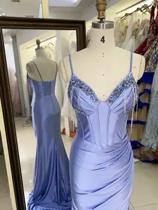 Neue Perlen quaste Großhandel blau lange Kleider Abendkleider für Ballkleid Satin