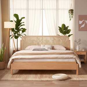 Marco de cama de madera maciza de roble Simple moderno de estilo francés cama de ratán para dormitorio elegante cama de madera - Product Image 2