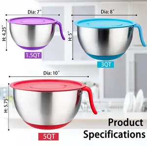 Longer Handle Color Silicone Bottom Salad Bowl Stainless Steel Mixing Bowls Set With Lids Set