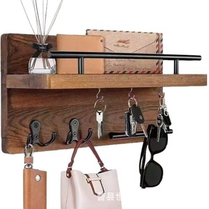 Wooden Wall Mounted Key Rack With <b>Shelf</b> And <b>Hooks</b> For Entryway Storage - Product Image 5