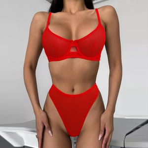 Sexy Damen-Unterwäsche-Set mit Leopardenmuster aus Dobby-Stoff, gestrickt, Polyester, halbe Körbchen, ungefüttert, französischer BH, ultradünnes Netz - Product Image 4