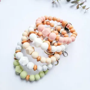 Factory custom monochrome marble charm mama bracelet solid color wood and silicone beads wristlet keychain