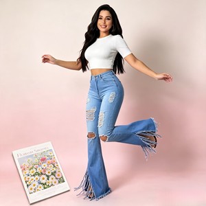 7.5 Dollars AL006 <strong>Women</strong> High <strong>Waist</strong> Ripped Flare <strong>Jeans</strong> Fringe Hem Stretch Denim Pants Ladies Distressed Bell Bottom <strong>Jeans</strong> - Product Image 4