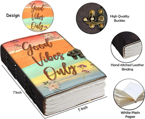 Journal en cuir Good Vibes Only, carnet de notes bohème floral fait main, carnet d'écriture inspirant, journal esthétique, cadeau - Product Image 3