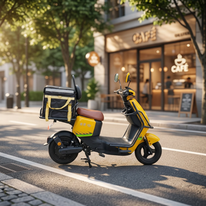 Moped électrique jaune à deux roues avec boîte de transport et porte-bagages arrière pour la livraison de médicaments en pharmacie, utilisation pour les commandes en gros - Product Image 1