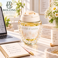Gobelet en verre personnalisé avec logo, poignée en perles, couvercle à rabat imprimé marguerite, 350 ml, détachable, mignon, cadeau, thé, café, Bolong