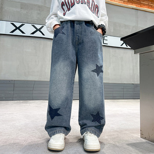 Vêtements pour enfants, jeans imprimés teints en pièce pour garçons, nouvelle mode 2025, style tendance, pantalon long ample pour grands enfants - Product Image 4
