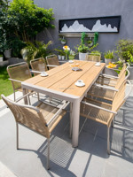 Sillón Moderno Apilable con Estructura Metálica Beige y Cuerda de Ratán, Tapa Rectangular de Metal, Resistente a la Intemperie, para Exteriores, Hoteles, Patios, Bistrós