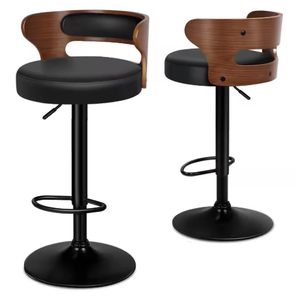 Modern <b>Vintage</b> Bar Chair with Wooden Wrap-Around Backrest, Leather Round Cushion and Black Pedestal for Cafe - Product Image 1