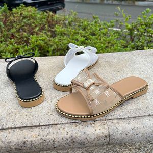 Summer Women Flat Slide Slippers Mesh Letter Print <b>Bow</b> Decor Metal Edge Trim Daily Outdoor Casual Walking Footwear - Product Image 1