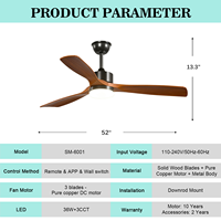 Ventilateur de plafond en bois massif de 52 pouces avec éclairage, 3 températures de couleur, télécommande, silencieux, moteur DC réversible, OEM ODM personnalisé, vente en gros usine