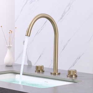 Grifo de lavabo de tres orificios giratorio de cobre cepillado dorado, con doble manija y base de <span class=keywords><strong>roca</strong></span>, juego de tres piezas <span class=keywords><strong>para</strong></span> <span class=keywords><strong>baño</strong></span> - Product Image 3