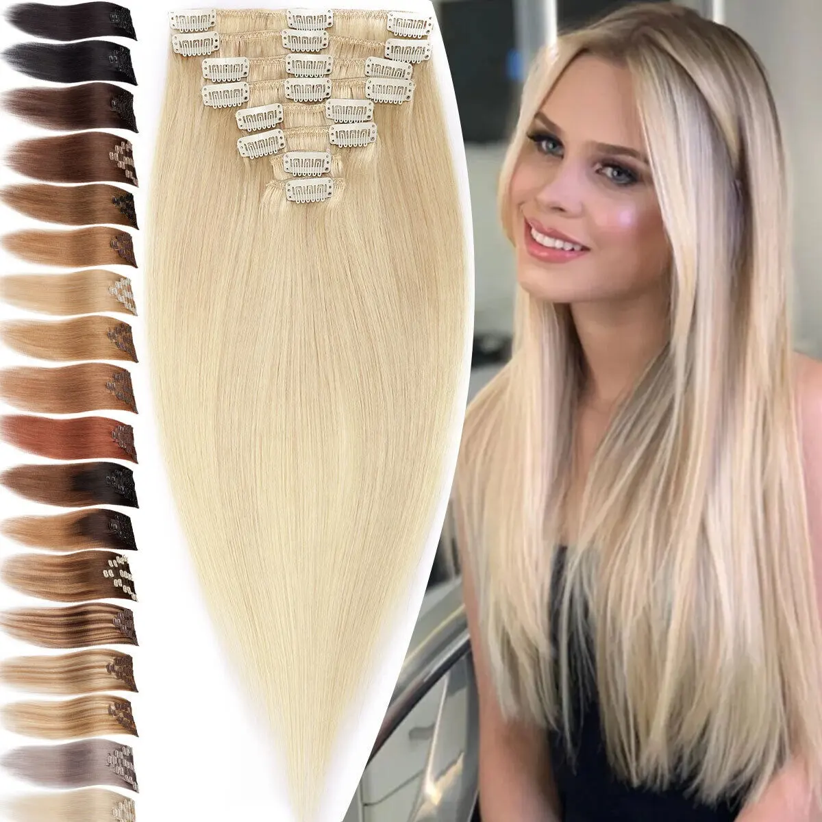 High quality remy hair 8pcs full head remy clip in human hair extension for white woman